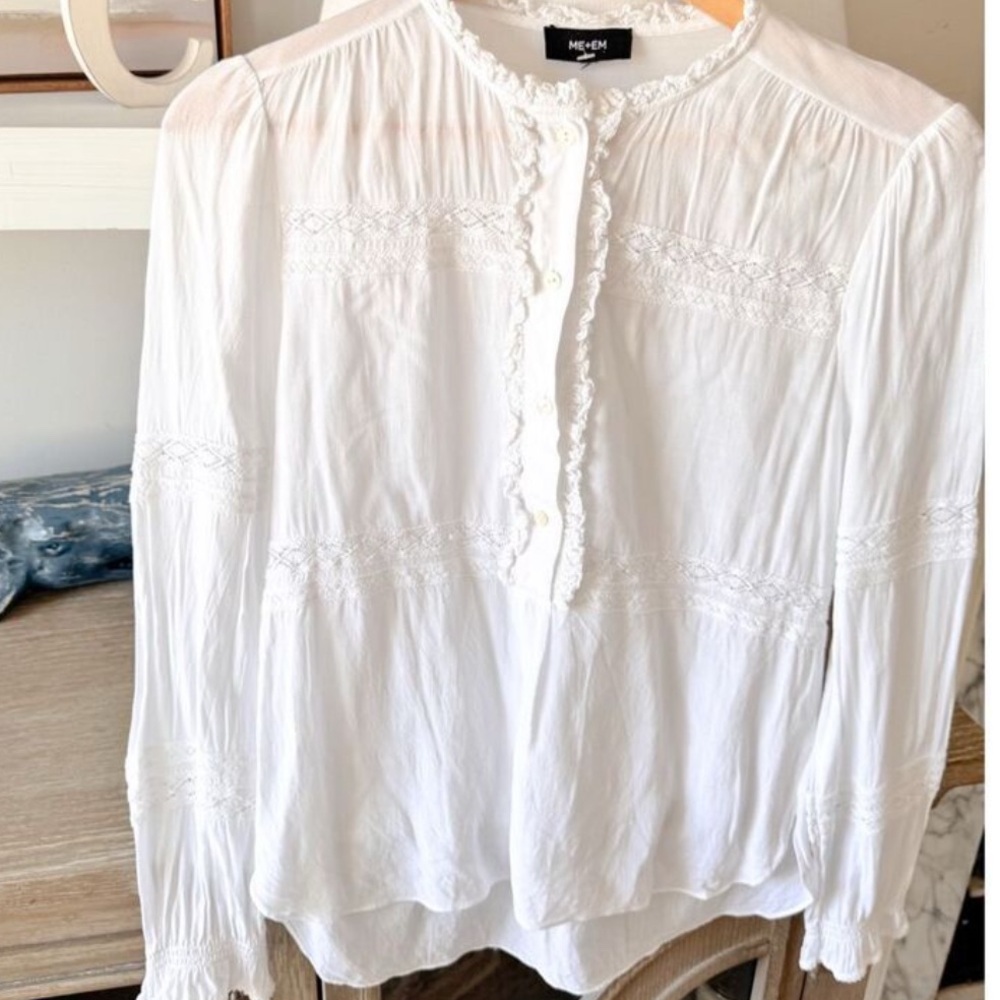 ME+EM White Lace-Trim Long Sleeve Blouse